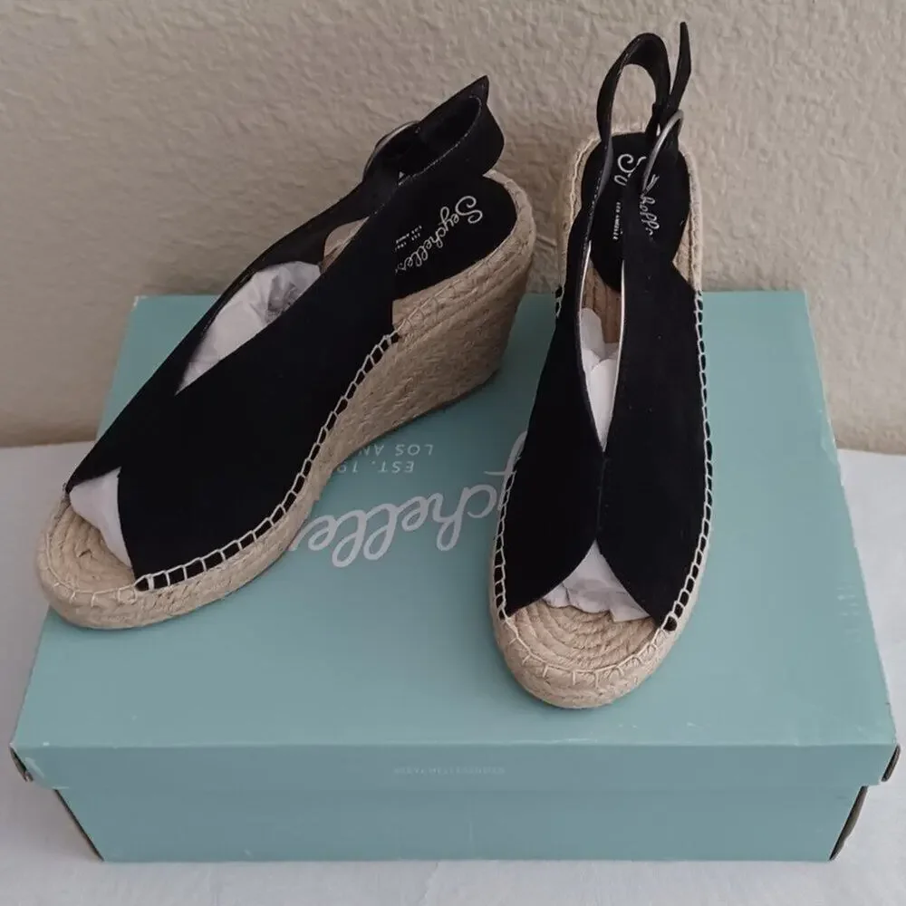Seychelles Promenade Peep Toe Espadrille Wedges Black Suede 7 NIB